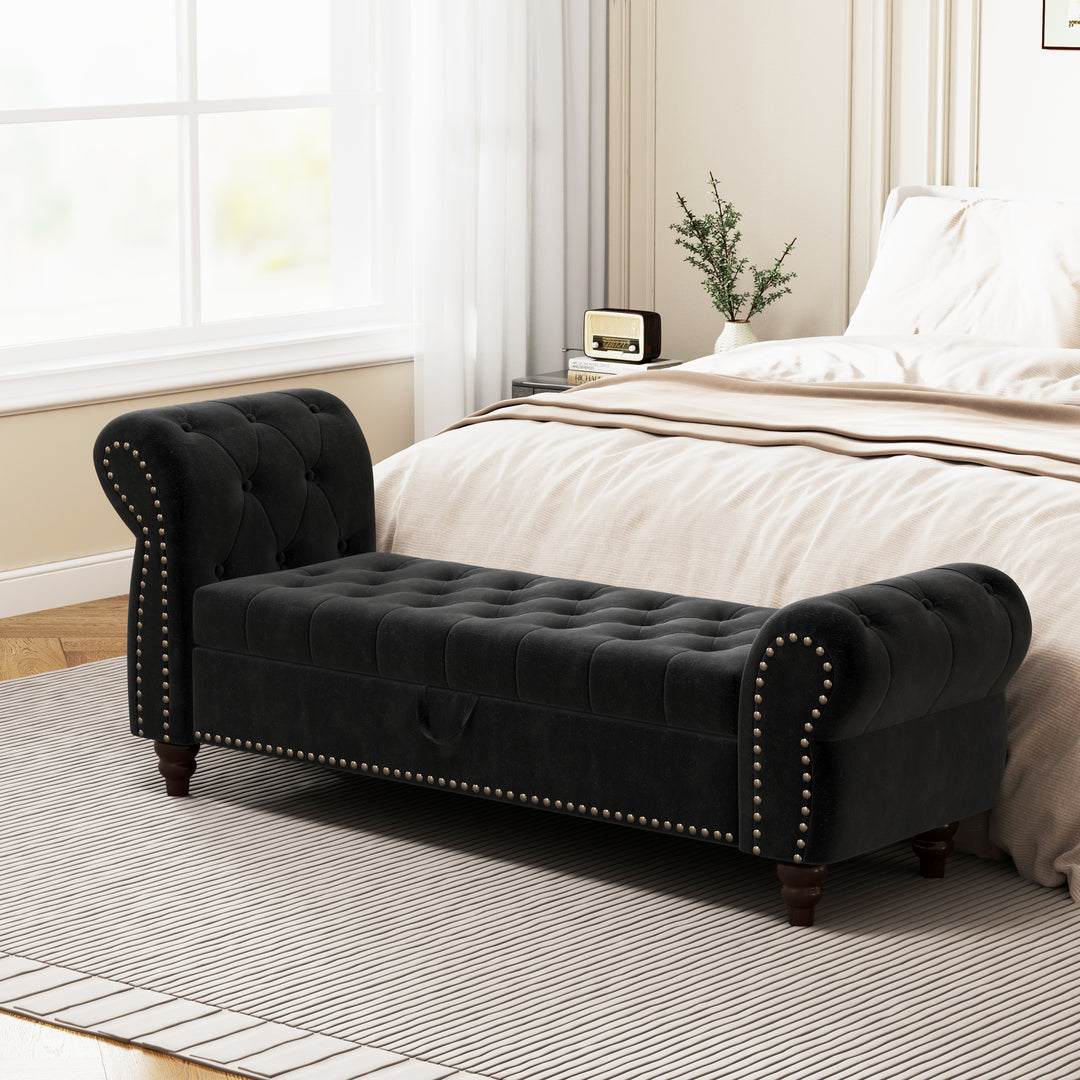 64.5'' Black Bed Bench Velvet Upholstery Nails Tufted Chaise of Lounge with Storage