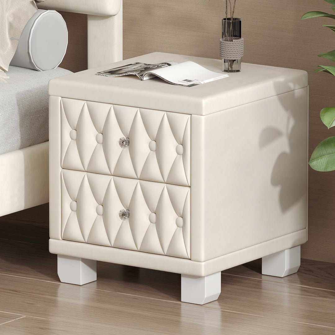 Elegant Velvet Beige Nightstand with 2 Drawers & Crystal Handle