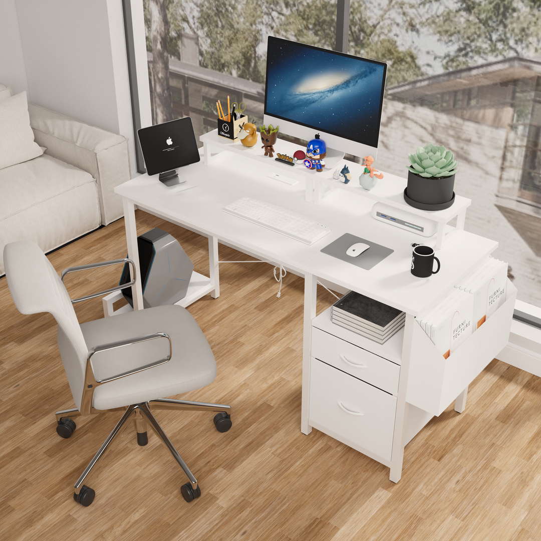 47.3'' White Office Computer Desk With Power Outlet Monitor & 2 drawers