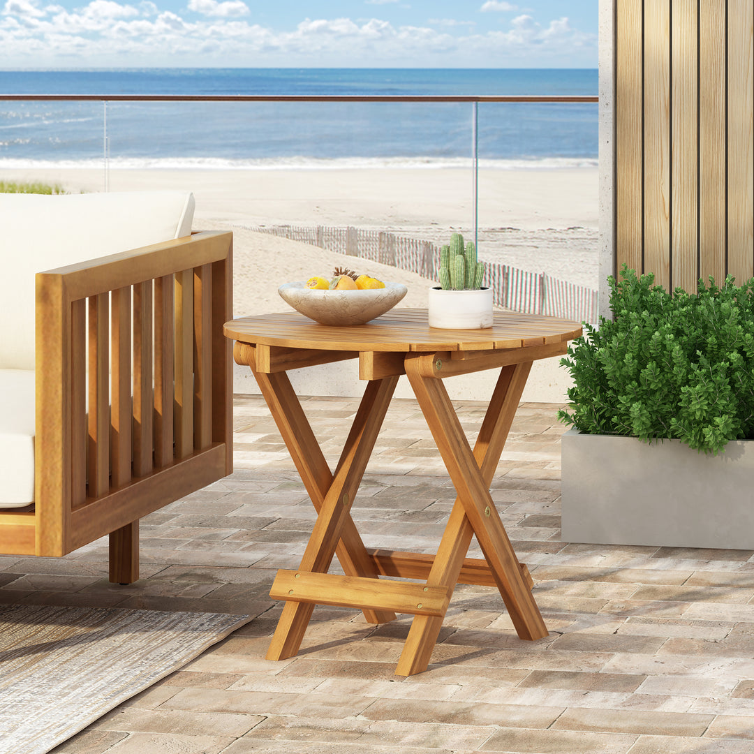 Foldable Adjustable Outdoor Acacia Wood Teak Finish Side Table