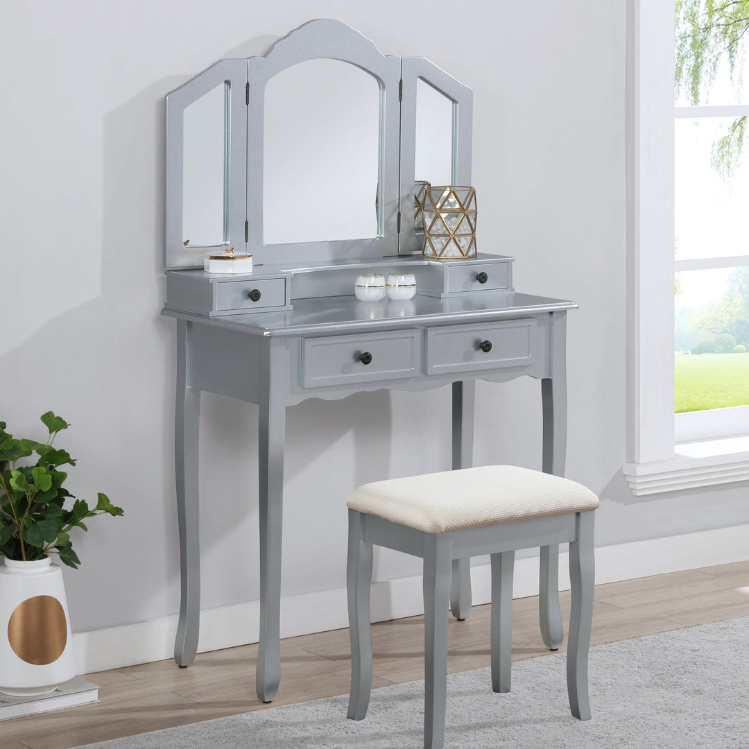 Wooden Silver Makeup Vanity Table and Stool Set