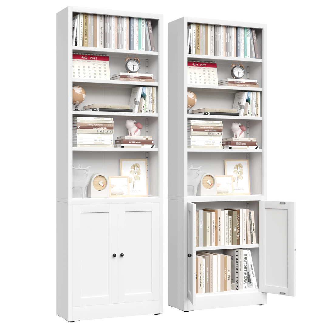 71 Inch Tall Industrial 5-Tier White Bookshelf with Adjustable Shelves & Door