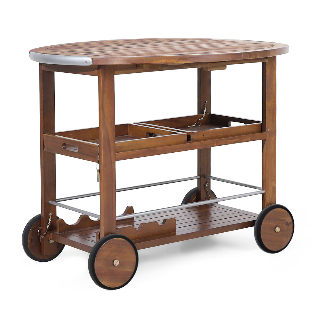 Oak Wood and Aluminum Bar Cart with 2 Shelves