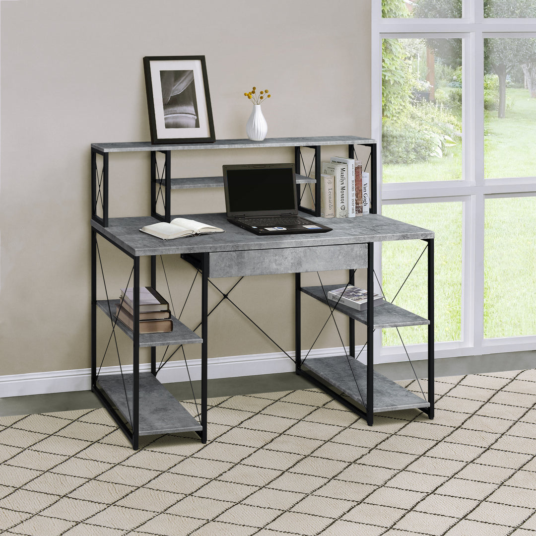Grey and Black Office Writting Computer Desk with Open Shelves and Hutch
