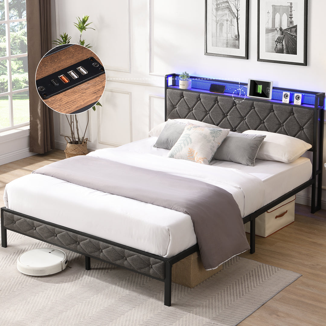 Dark Gray Full Bed Frame with Storage Headboard Charging Station & LED Lights