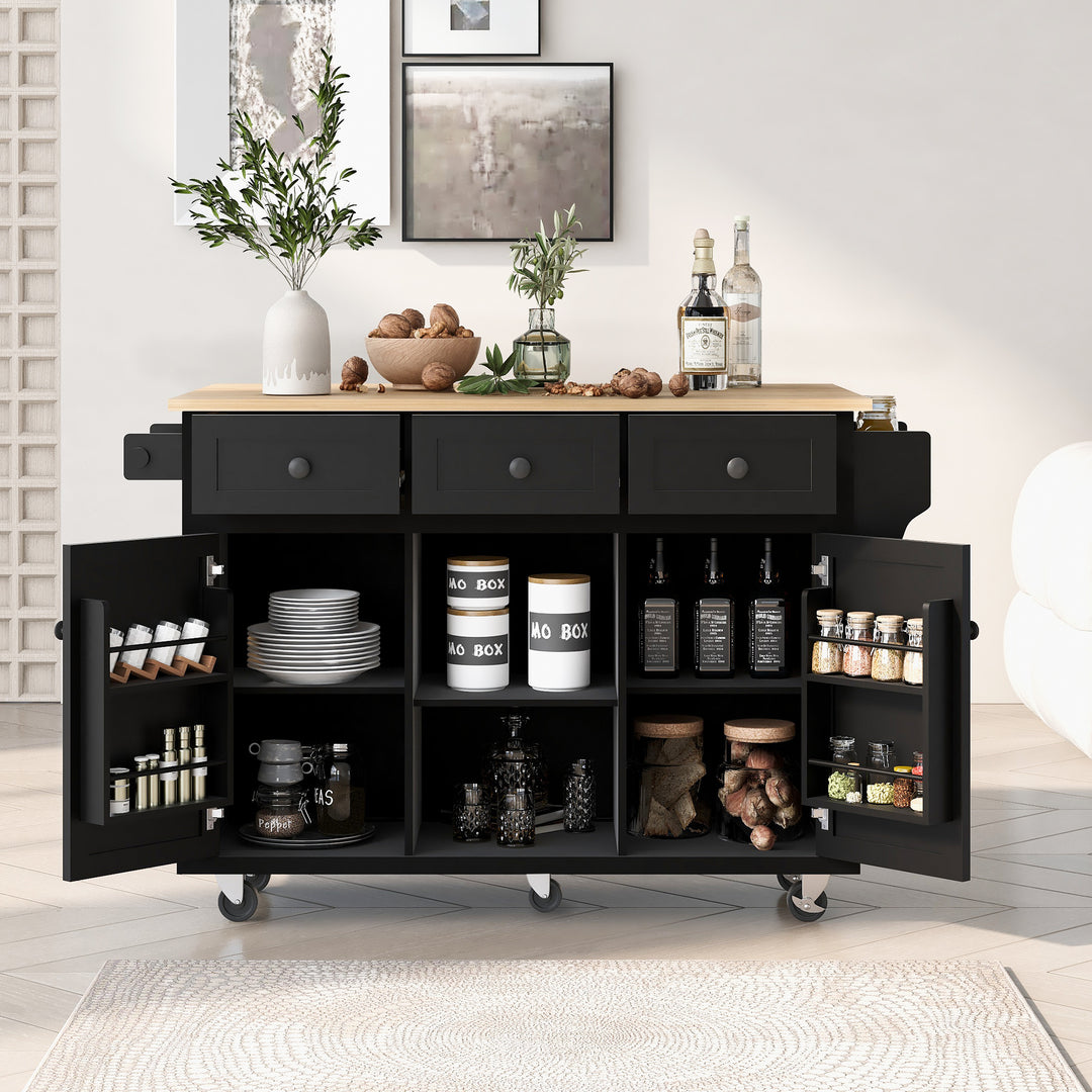 Black Kitchen Cart Island on 5 Wheels with Drop-Leaf Countertop Storage Cabinet & 3 Drawers