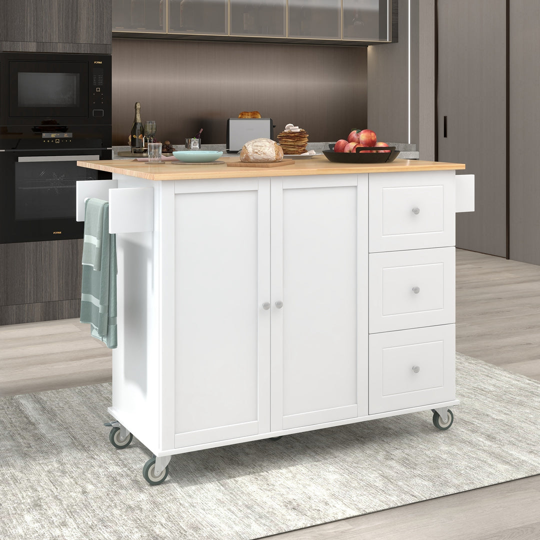 Rolling Mobile White Kitchen Island with Locking Wheels Storage Cabinet & Drop Leaf