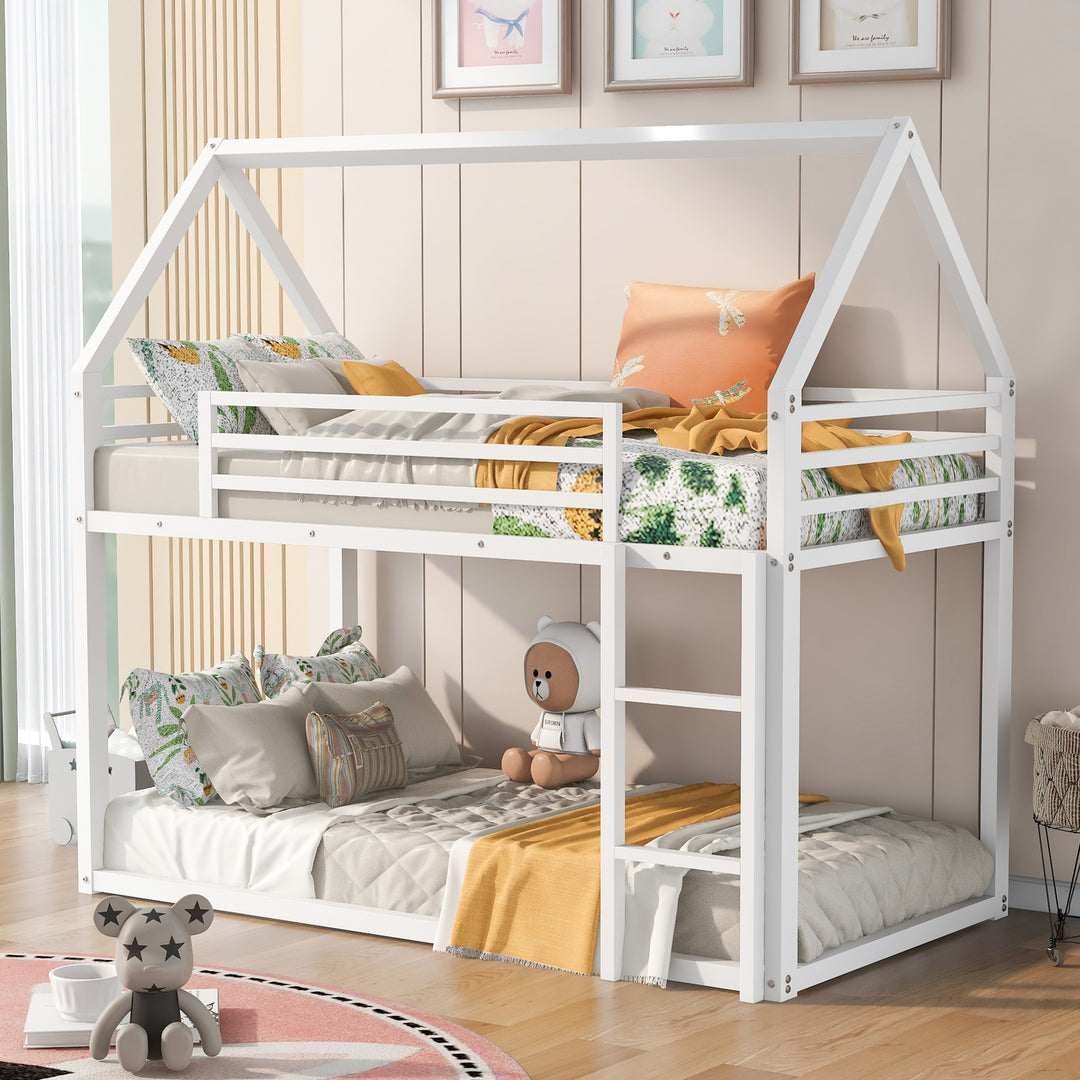 White Twin over Twin House Bunk Bed with Built-in Ladder