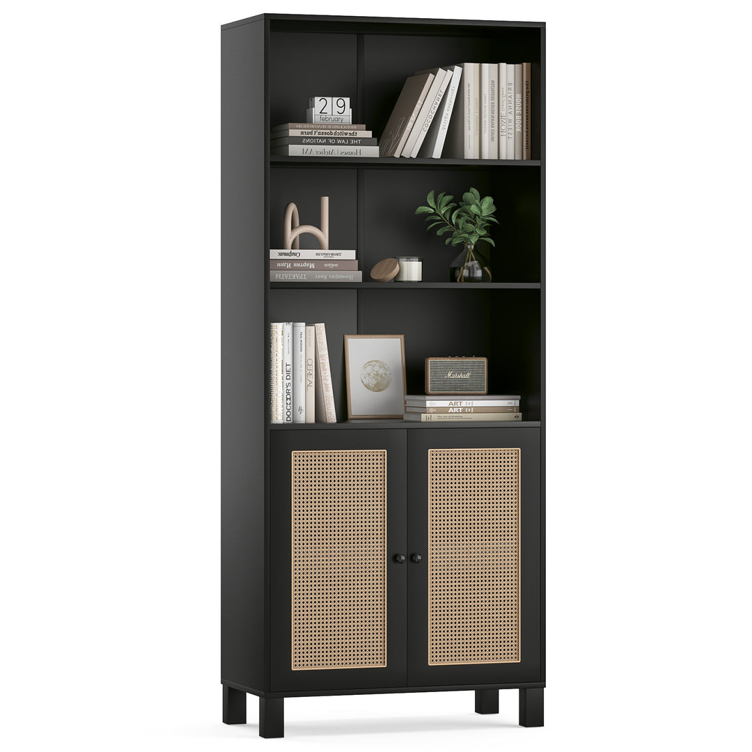 5 Tier Storage Wood Bookcase Shelves Large Black Bookshelf with Rattan Doors