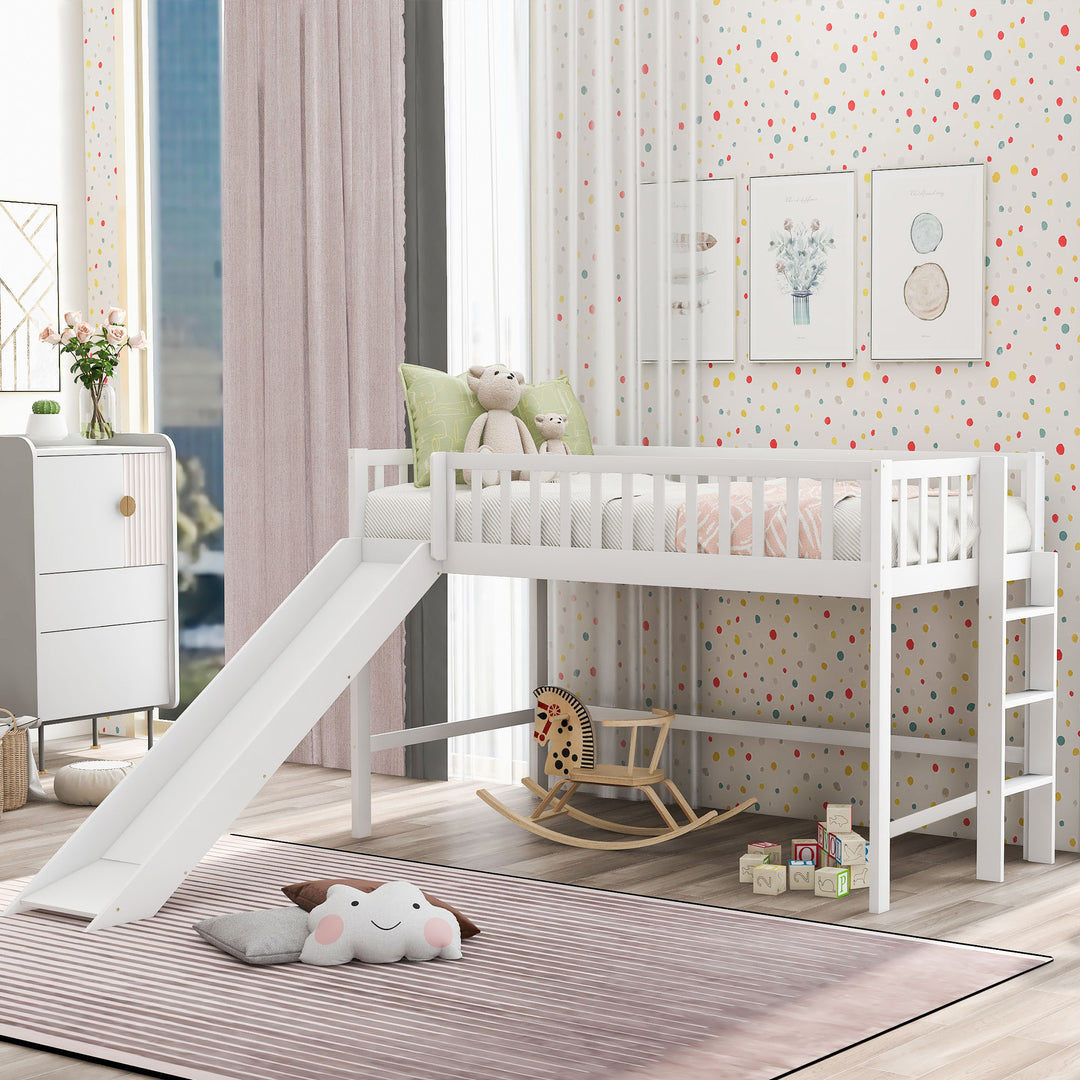 White Twin Size Low Loft Bed with Ladder and Slide