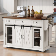 58'' Farmhouse Sliding Barn Door White Kitchen Island with Storage
