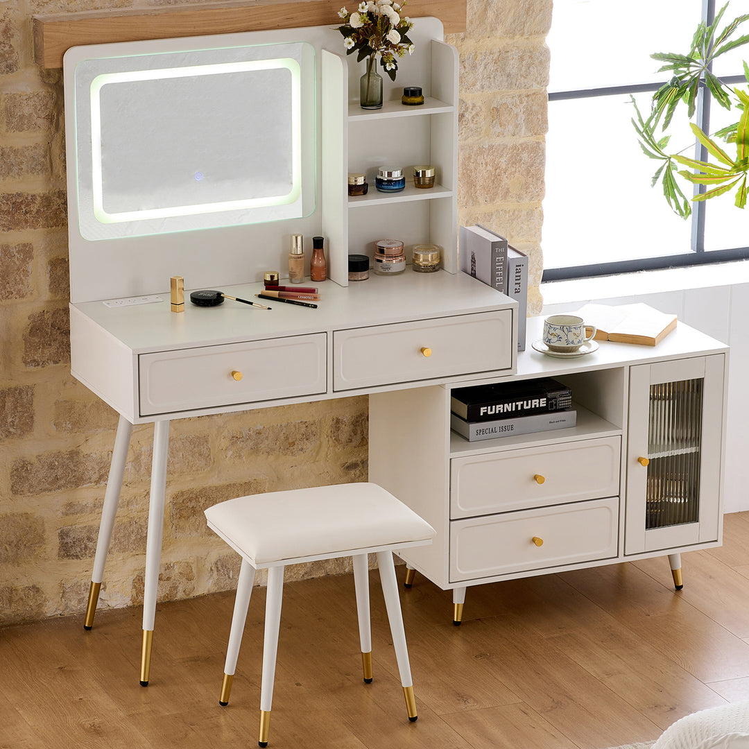 Modern White Retractable Makeup Vanity Desk with Mirror and Lights