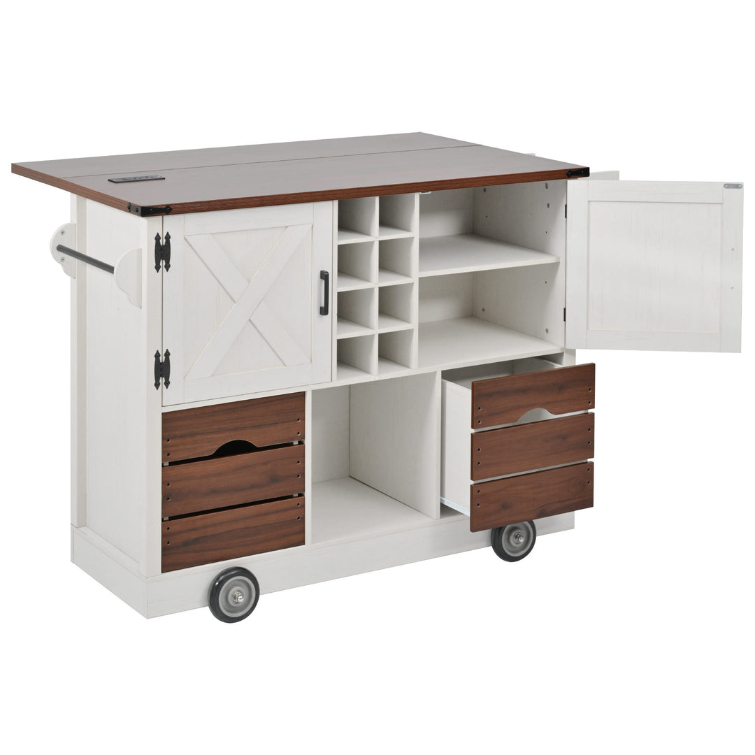 Farmhouse 4 Large Wheels White Kitchen Island Cart with Drop Leaf Power Outlet