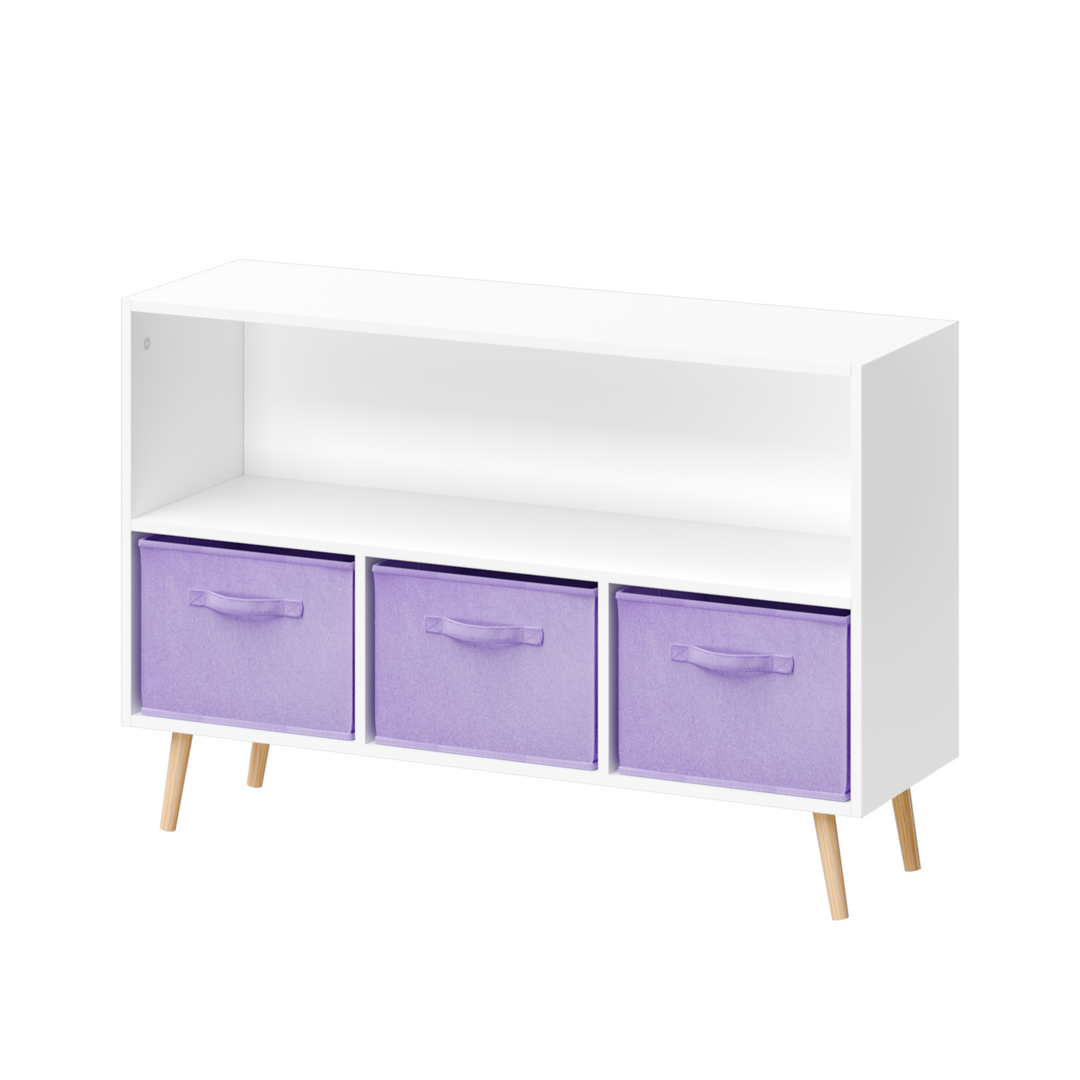 Kids Bookcase with Collapsible Fabric Drawers in White and Purple
