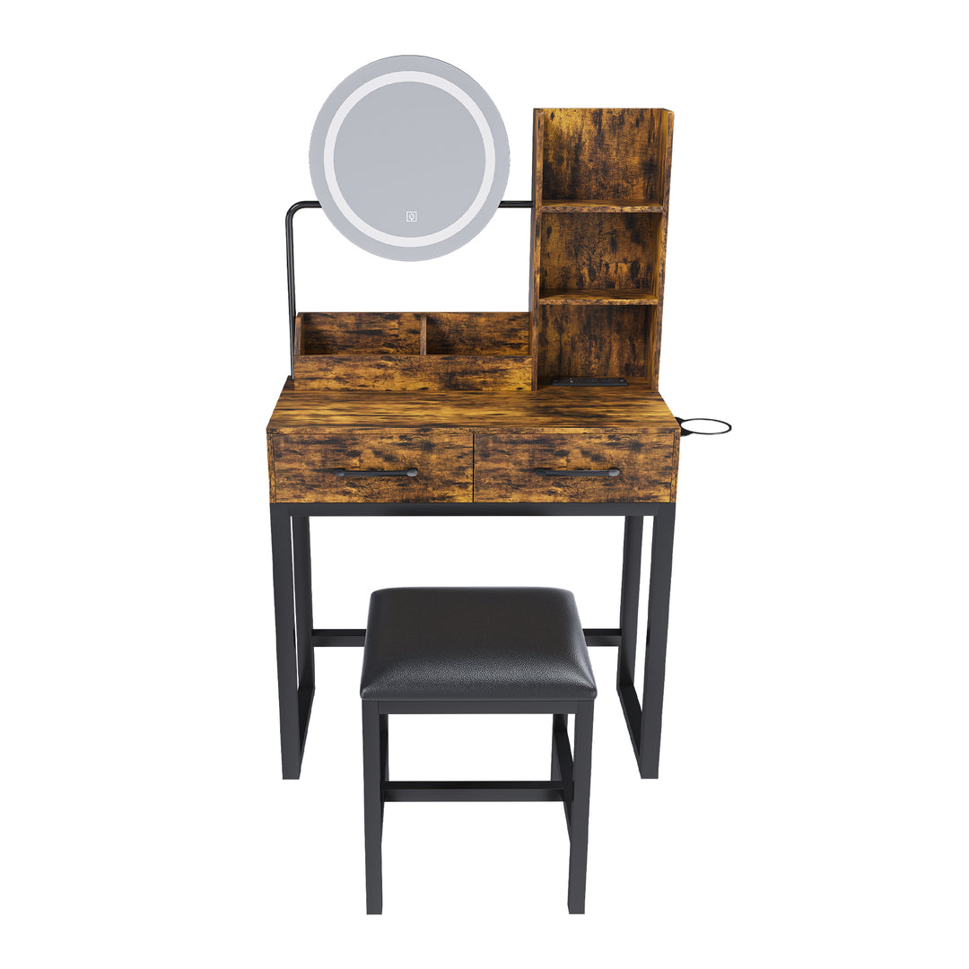 Brown MDF Makeup Vanity Table with LED Lights Power Outlet