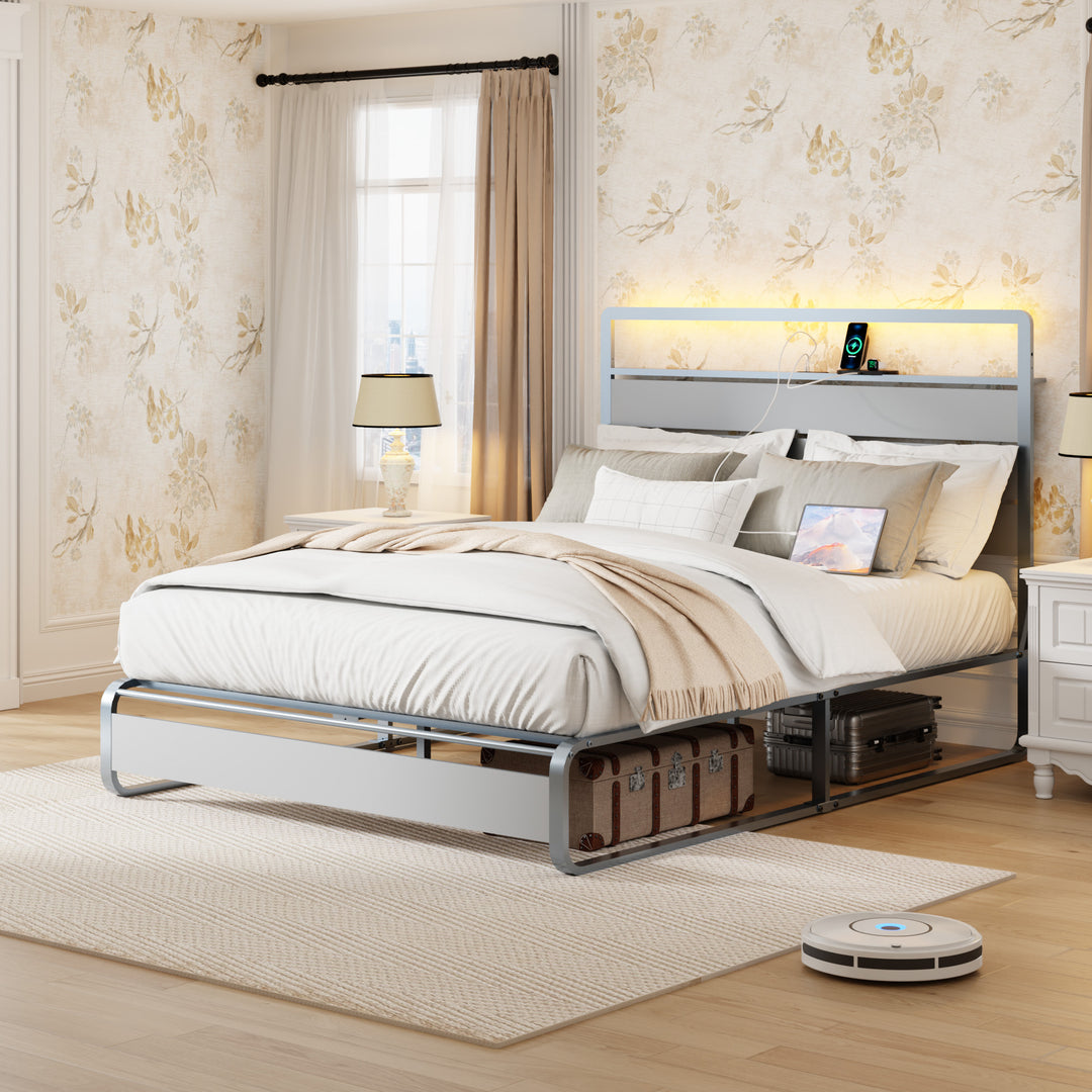 Queen Size Silver Bed Frame with Headboard Charging Station LED