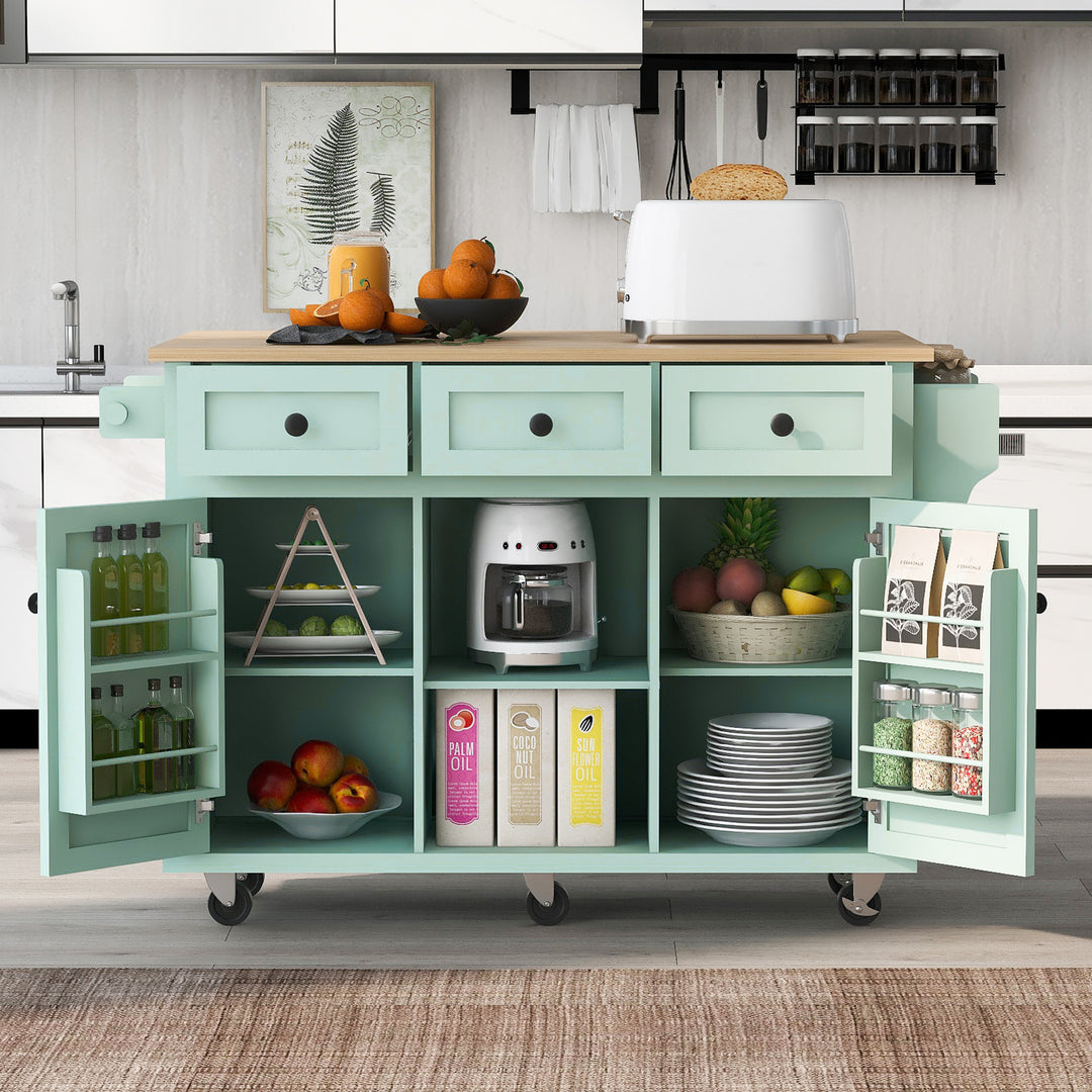 Mint Green Kitchen Island Cart on 5 Wheels with Rubber wood Drop-Leaf Countertop