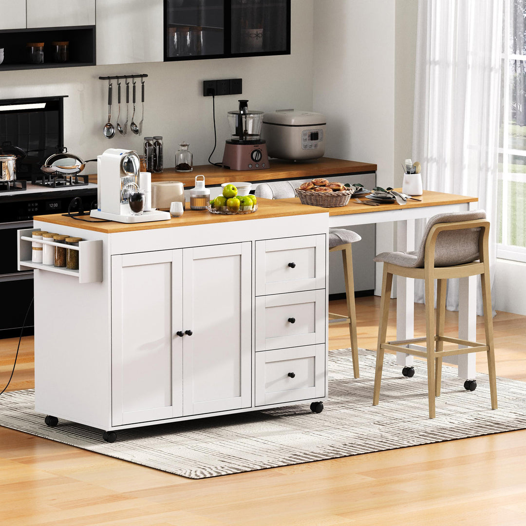 Kitchen Island Cart on Wheels with 3 Drawers Power Outlet Extendable Dining Table