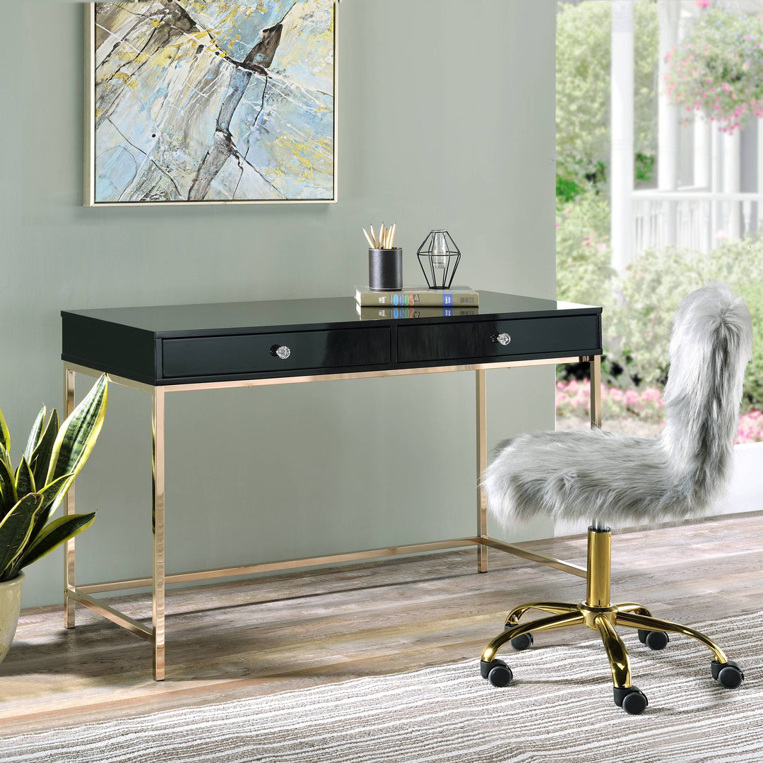 Contemporary Black High Gloss & Gold Finish Rectangular Writing Desk With 2 Drawers