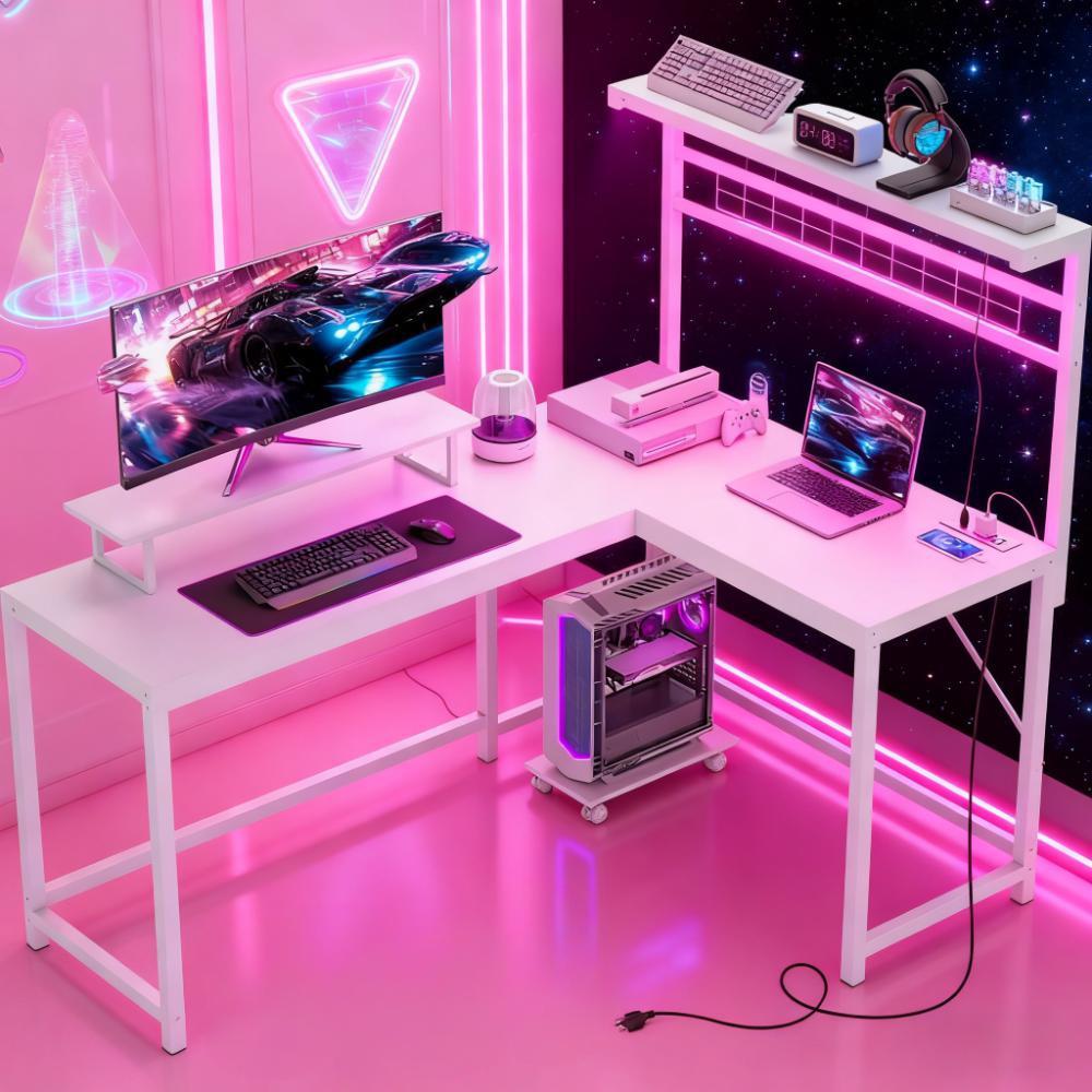 White L-shaped Gaming Computer Desk with Power Outlets & LED Lights