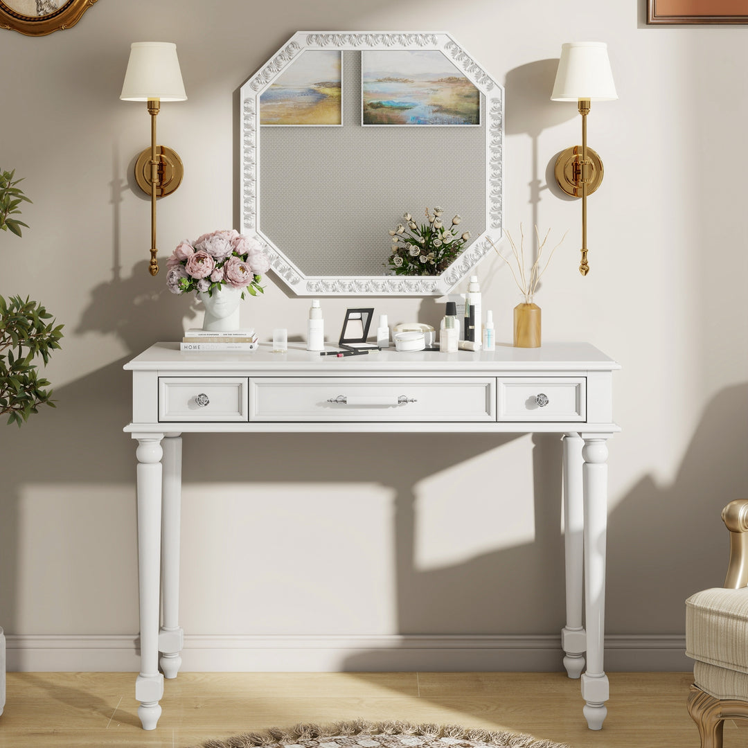 Retro White Makeup Desk with Large Mirror & 3-Drawer