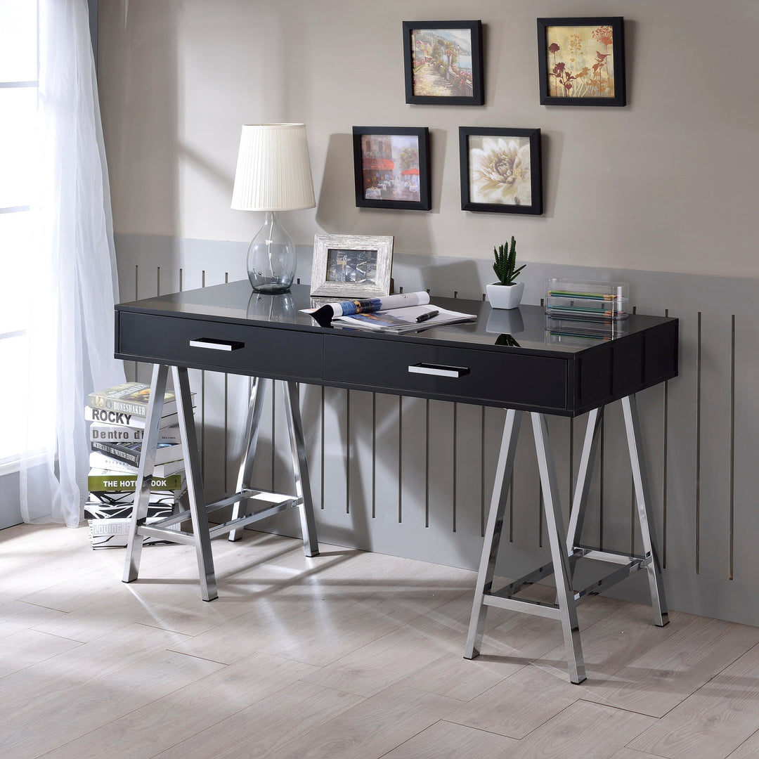 Black High Gloss & Chrome Finish Writing Desk With 2 Drawers