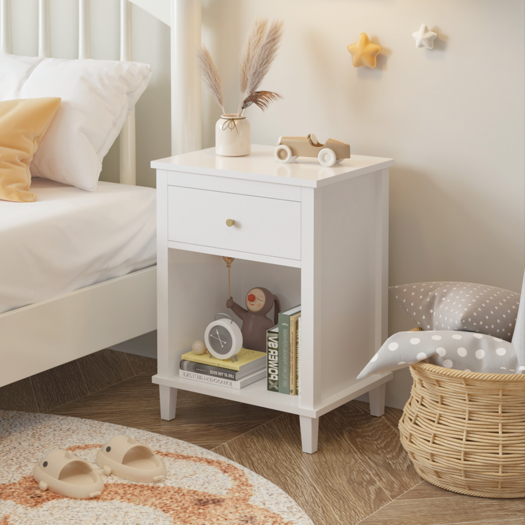 26.77''H Wooden White Nightstand with One Drawer & One Shelf
