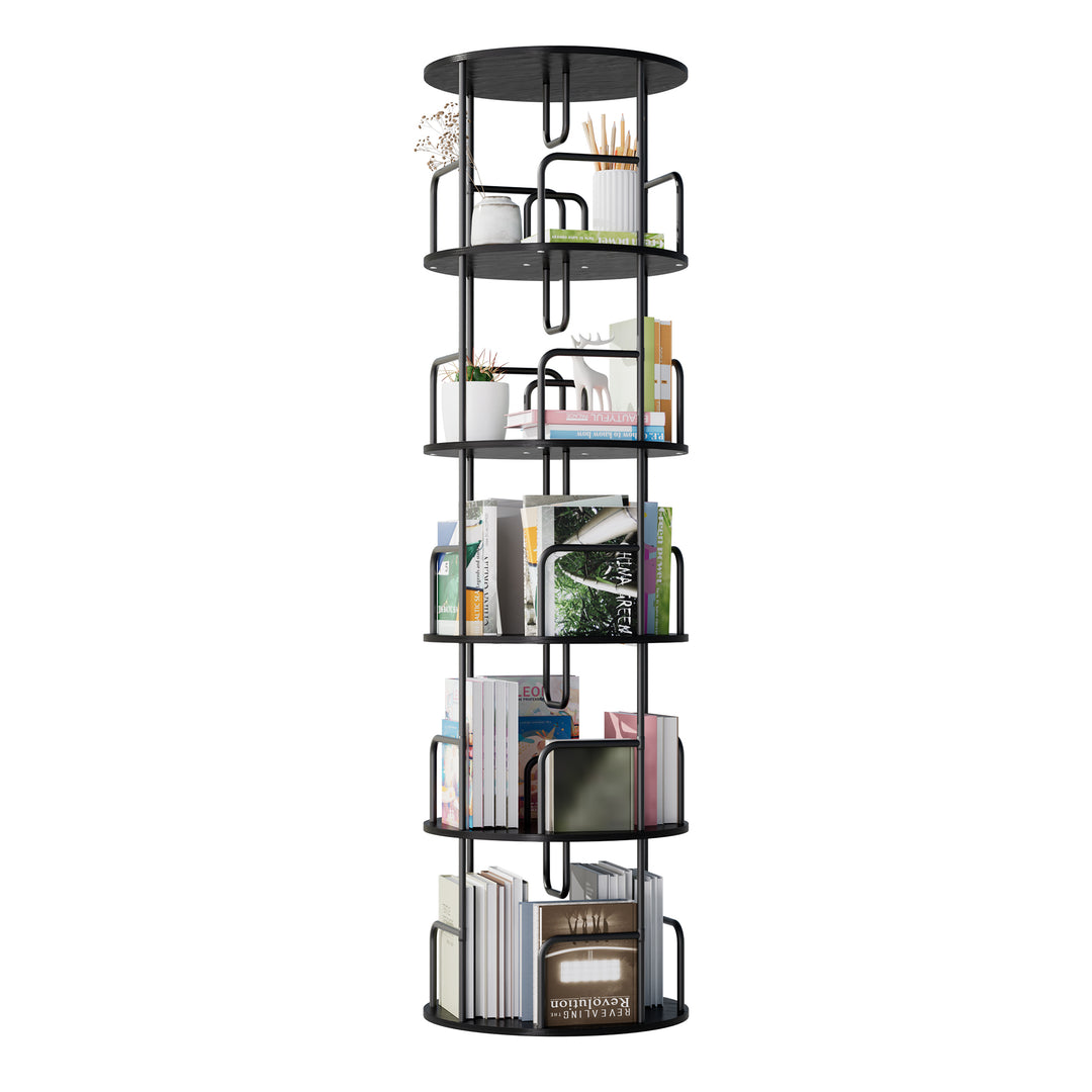 5 Tier Black Revolving 360 Bookshelf Narrow Tall Bookcase