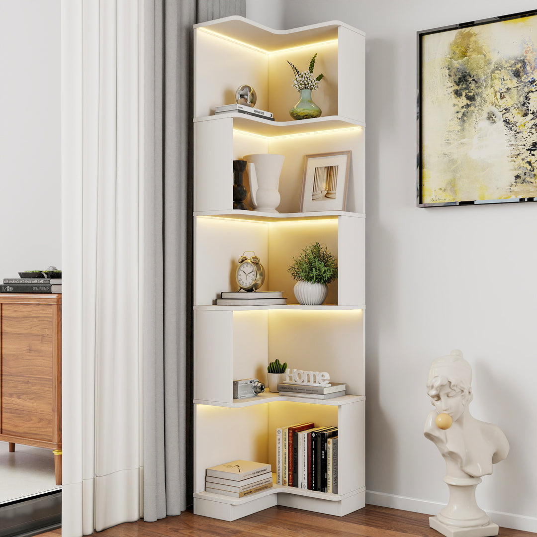 Corner Book Shelf - 5 Tier Corner Bookshelf  Bookcase with Baffle & Led Lights