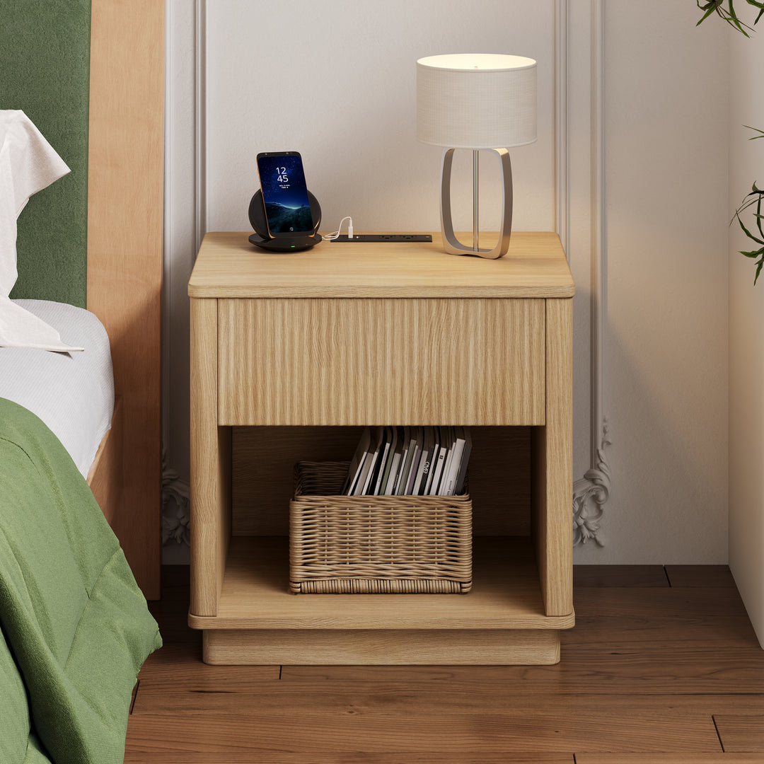 Modern Bedside Table Nightstand with Charging Station and Storage Drawer