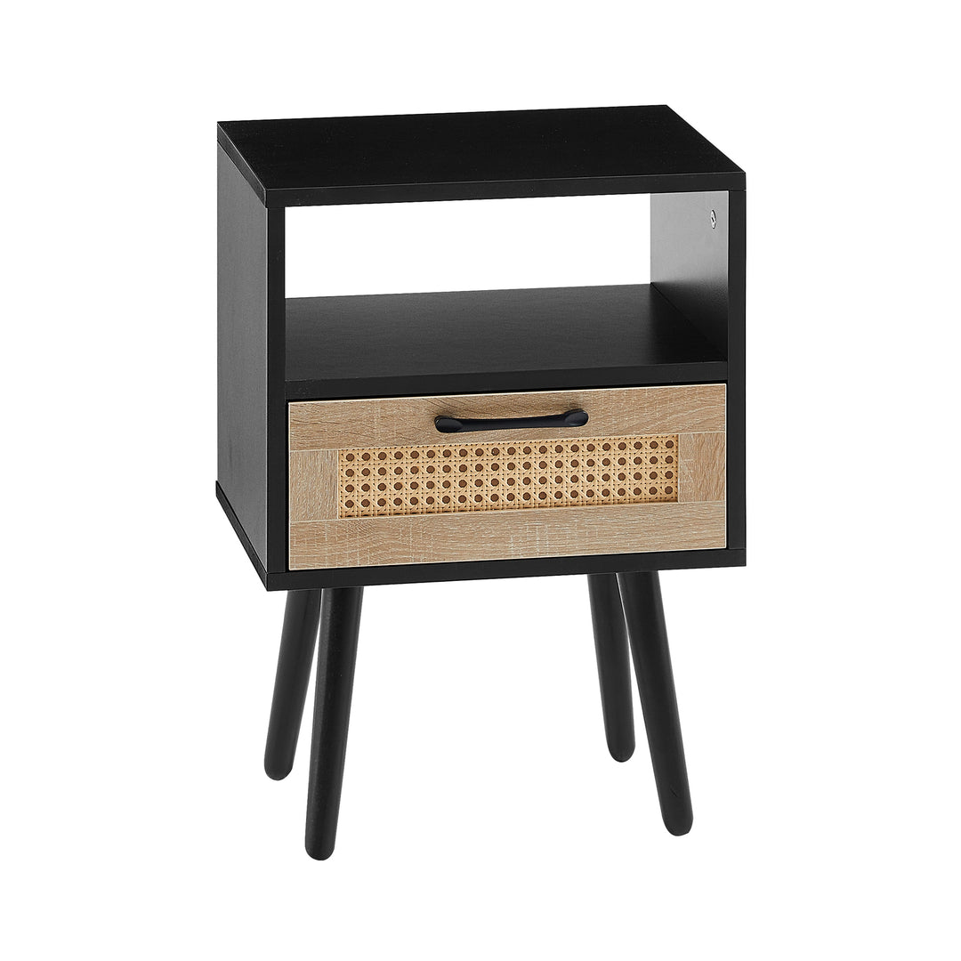 Modern Rattan Black End Table with Drawer and Solid Wood Legs
