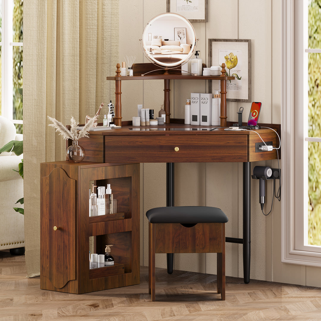 Triangle Walnut Makeup Vanity Desk Set with Removable Pull-Out Side Cabinet