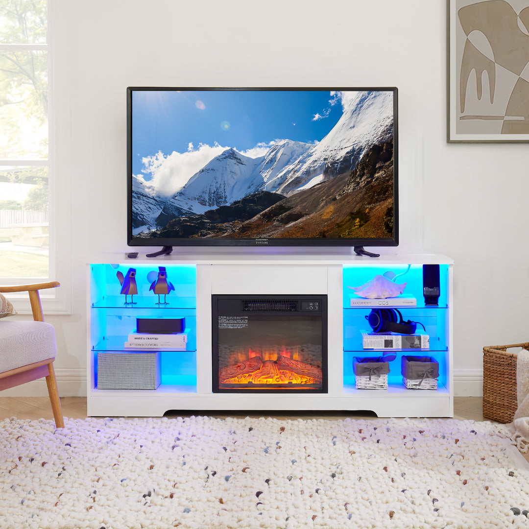 Modern 3D Fireplace White TV Stand with LED Lights USB Charging Outlet
