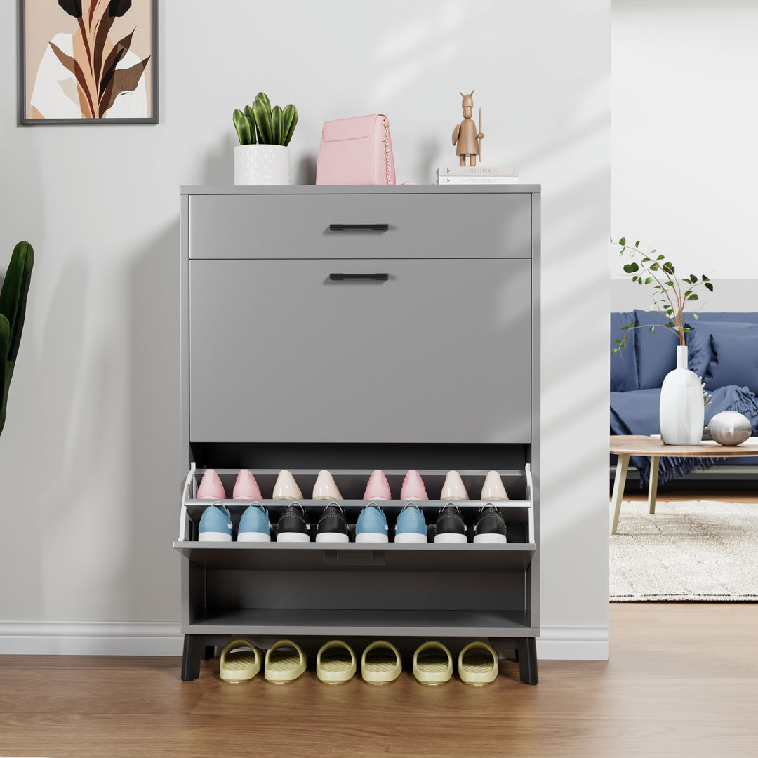Free Standing Gray Shoe Storage Cabinet with 2 Flip Drawers
