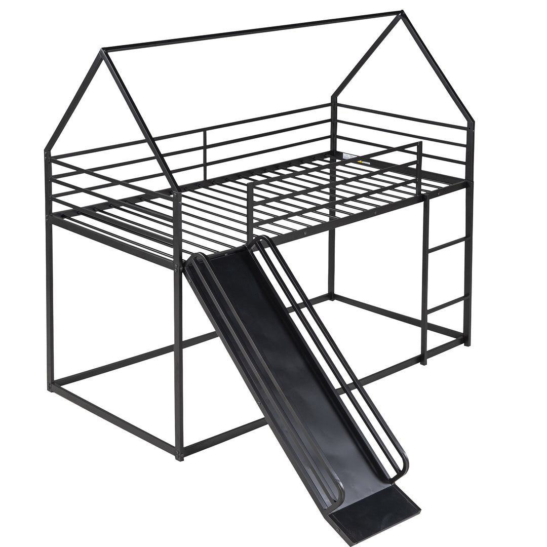Black Twin House Bunk Bed with Ladder and Slide