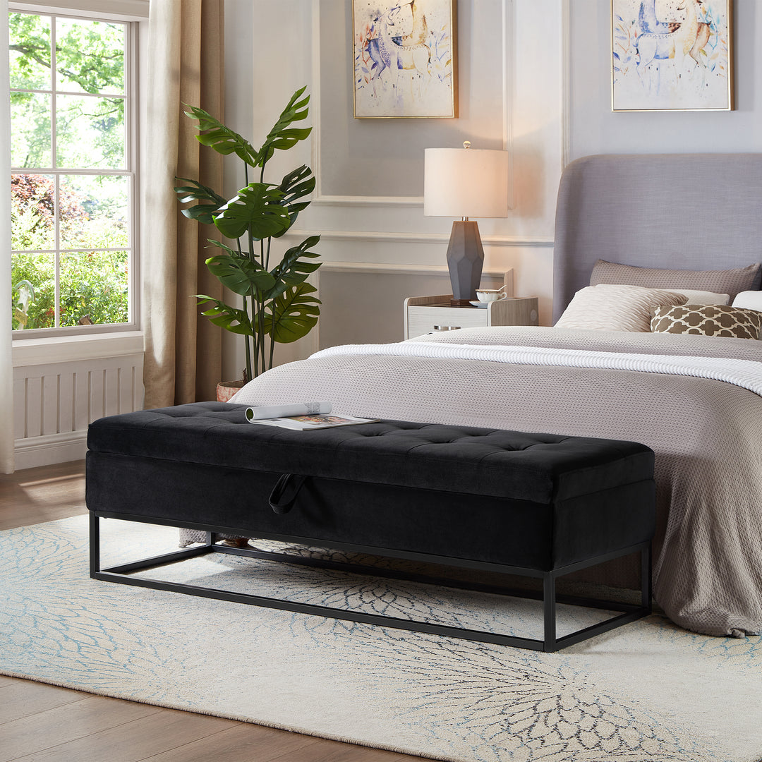 58.6'' Bed Bench Metal Base with Storage Black Velvet
