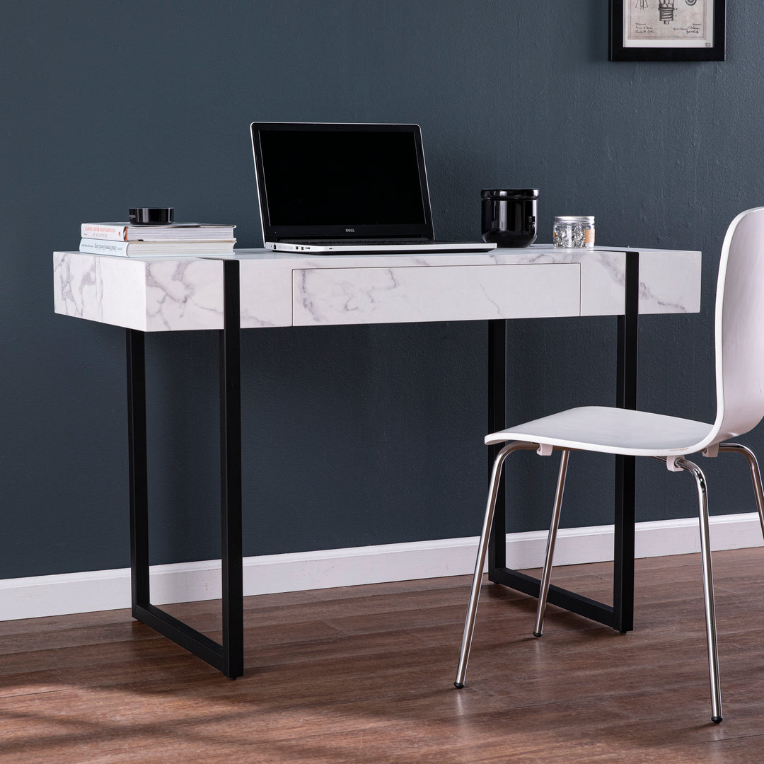 Modern Faux Marble Spacious Desktop Two-Tone Writing Desk Push-To-Open Drawe