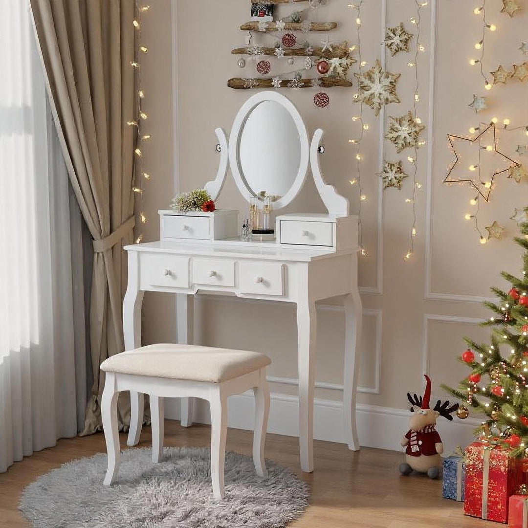 White Wood Make-Up Vanity Table and Stool Set