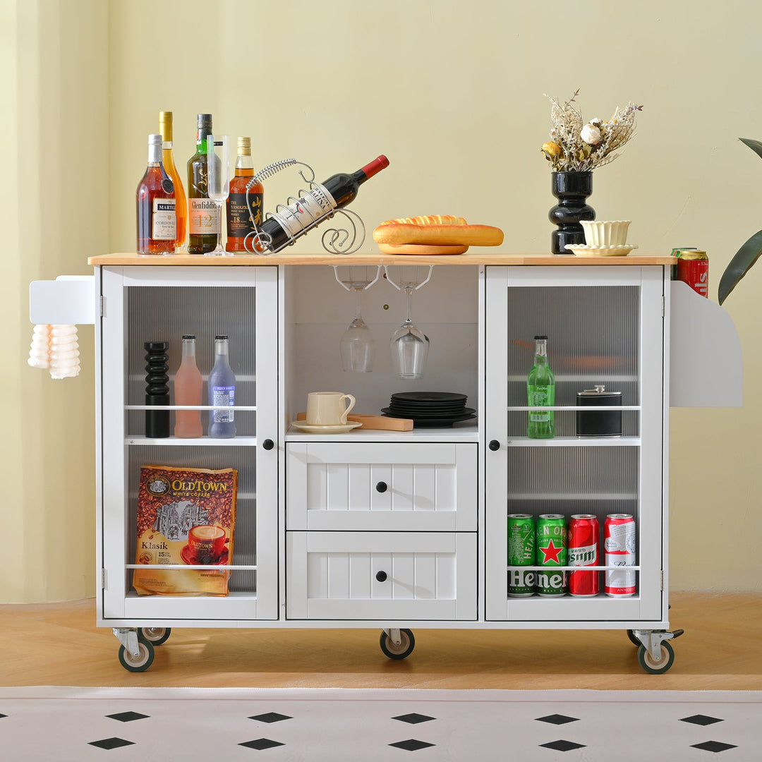 Mobile White Kitchen Island Storage Trolley Cart on Wheels with Dropleaf Top