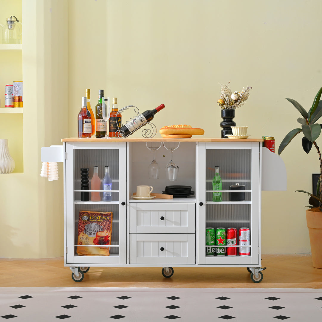 Mobile White Kitchen Island Storage Trolley Cart on Wheels with Dropleaf Top