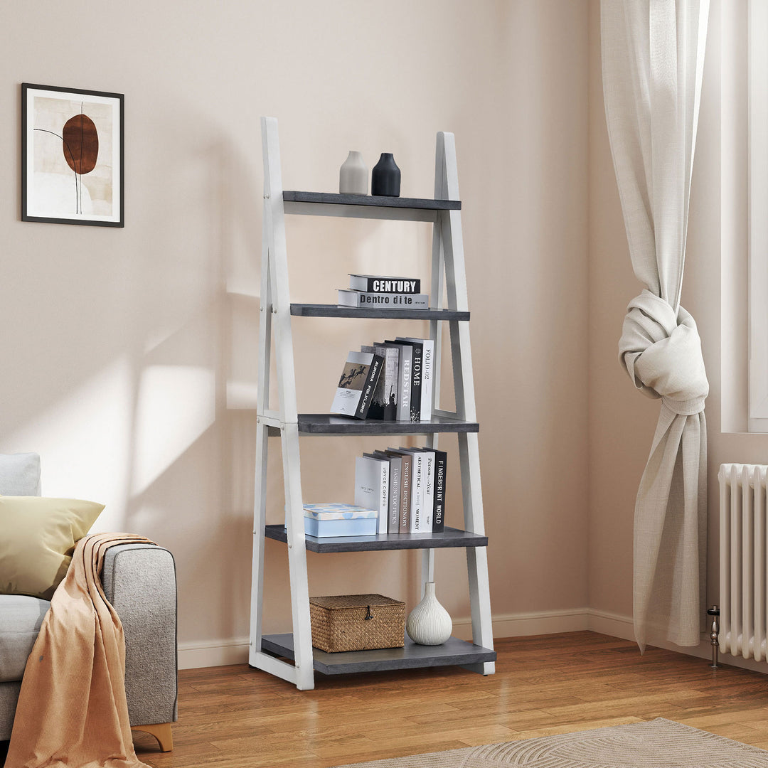 5-Tier Ladder Shelf Bookshelf Storage Rack Bookcase with Rubber Wood Frame