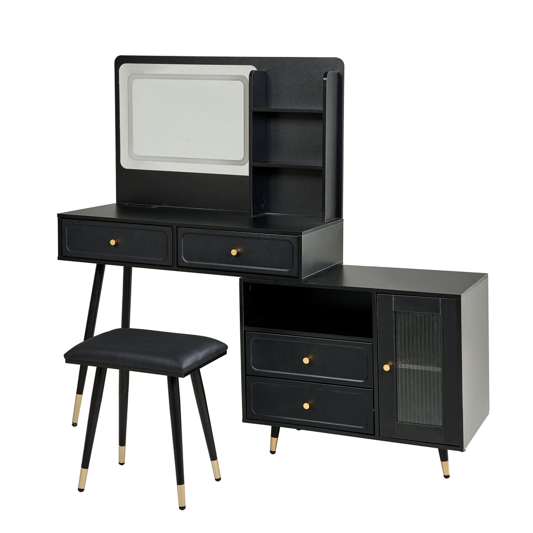 Modern Retractable Black Makeup Vanity Desk with Mirror and Lights