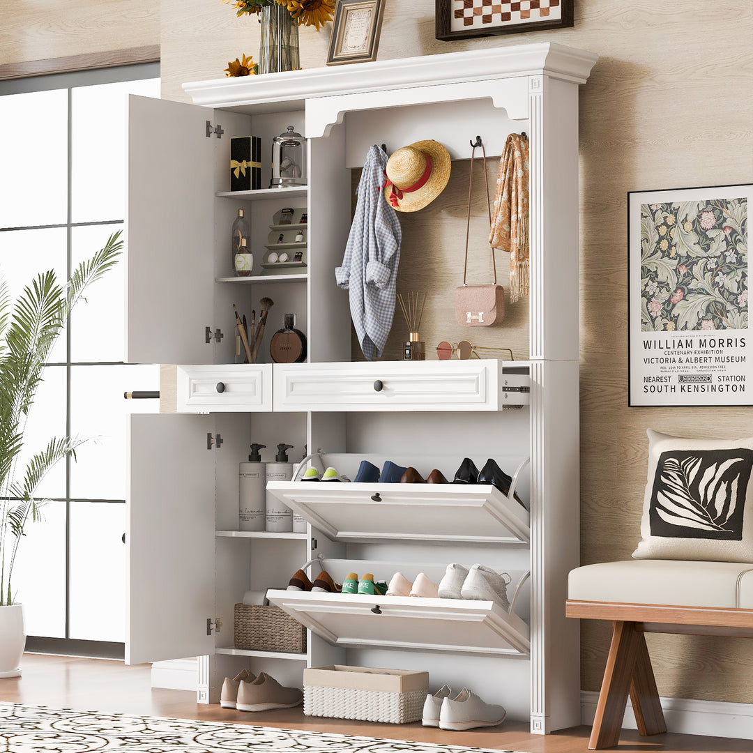 54.7'' Hall Tree with Integrated Shoe Cabinet and Mirrored Cabinet Door