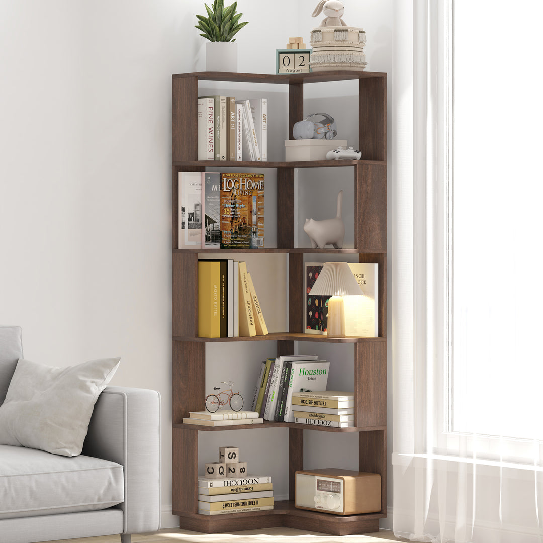 6 Tier Dark Brown Freestanding L-Shaped Corner Bookshelf Bookcase