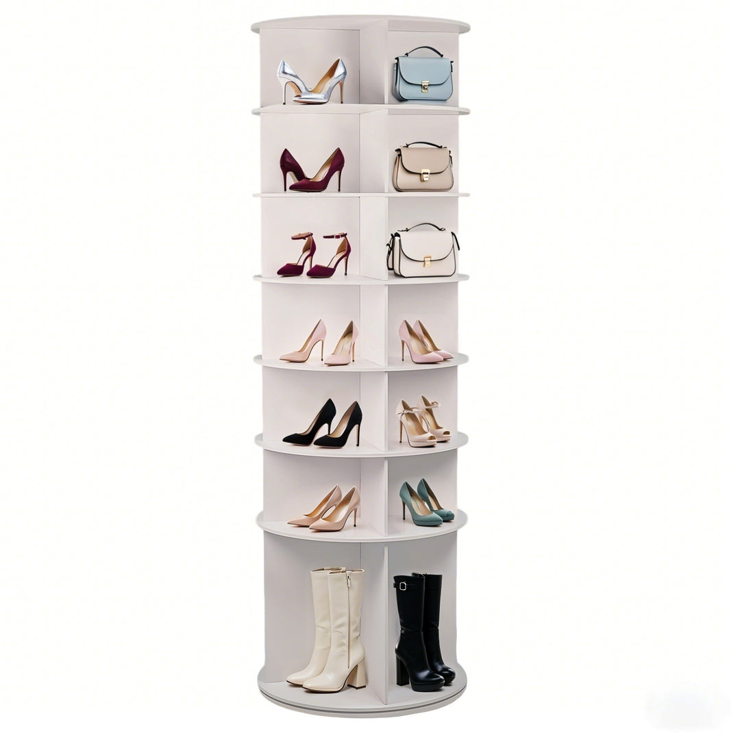 7 Tier Rotating Freestanding 360° White PVC Shoe Rack with High Base Design