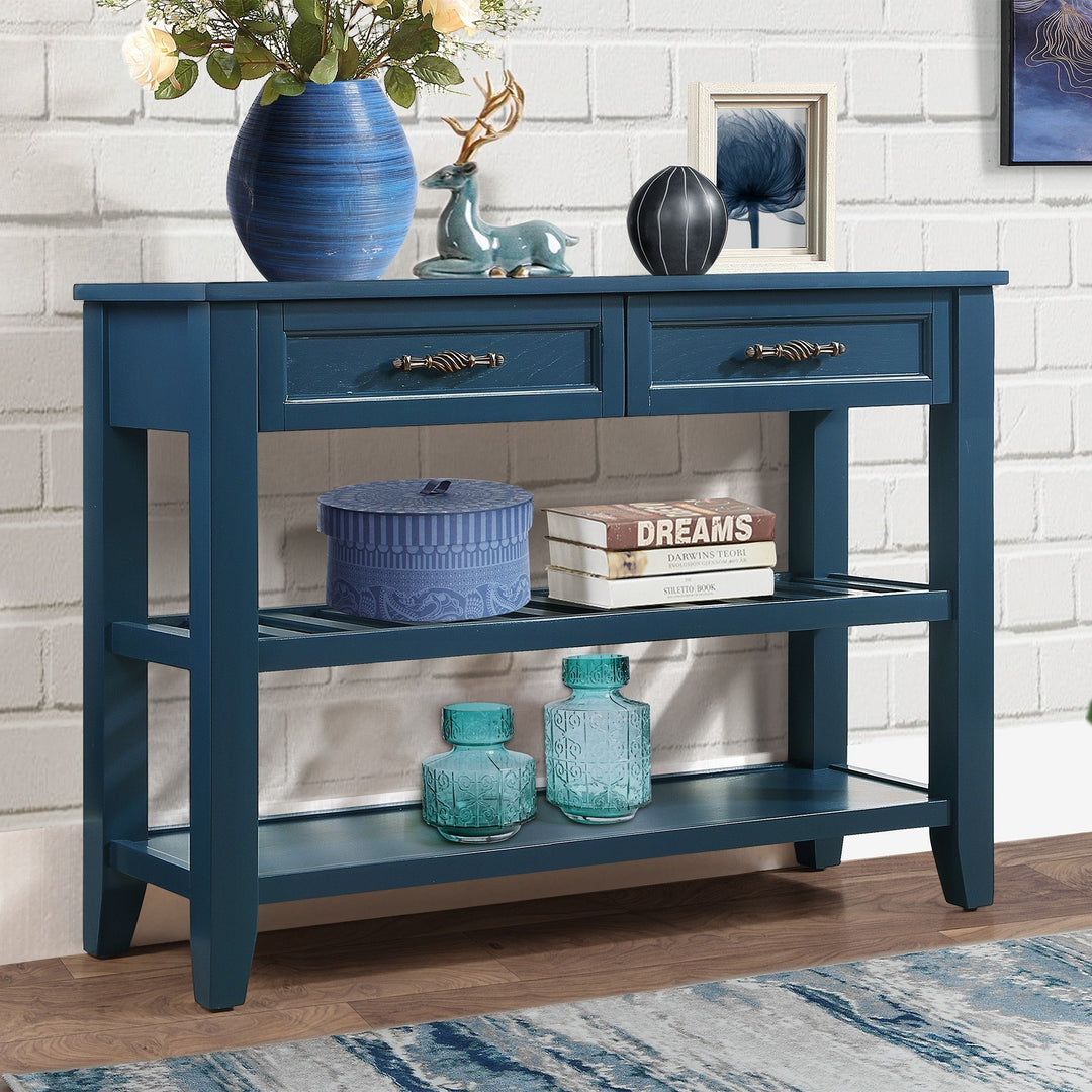 Mid-Century Navy Blue Console Table with 2 Storage Drawers and 2 Tiers Shelves