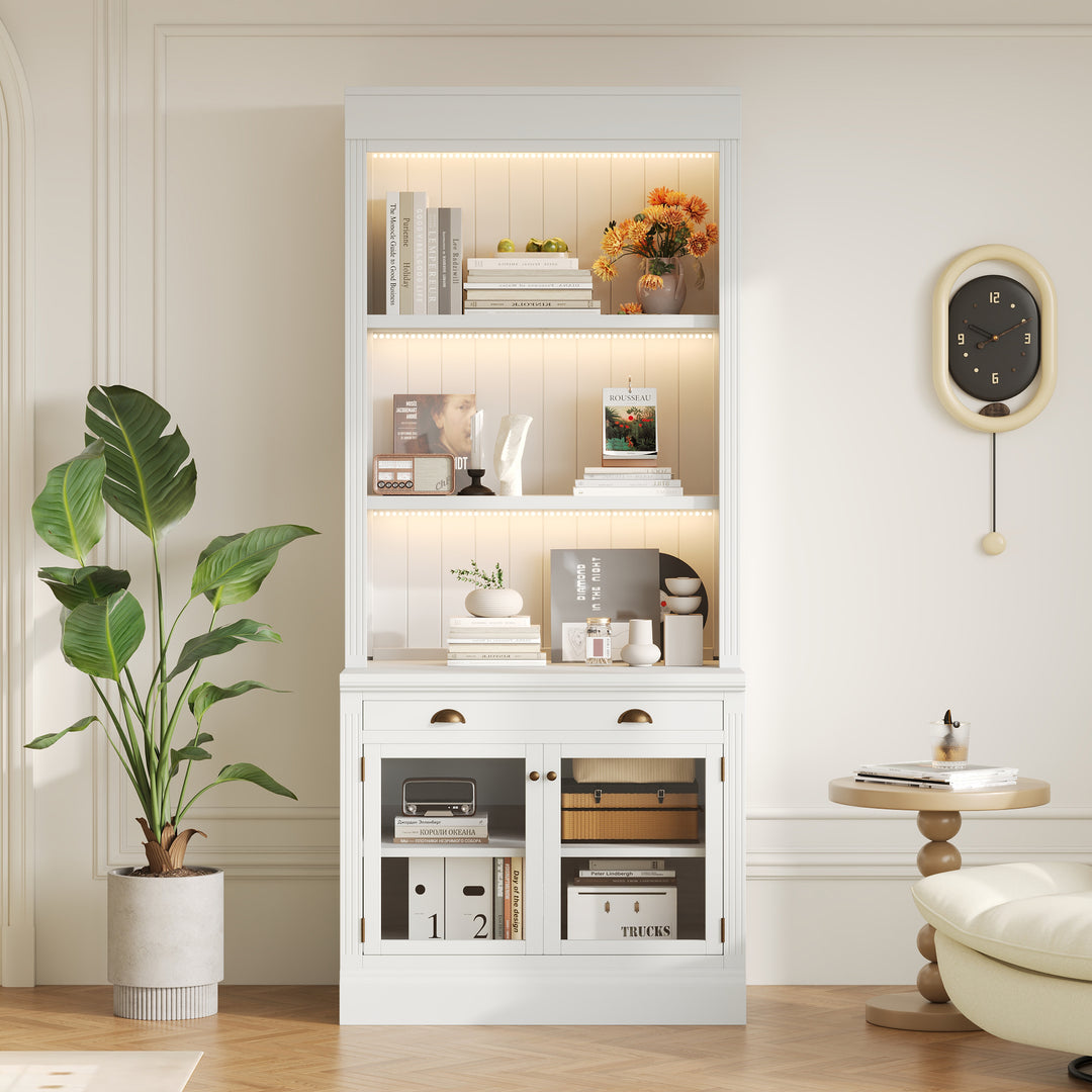 83.4'' Tall Modern White Bookshelf with 3 pieces LED Lighting & 2 Glass Doors