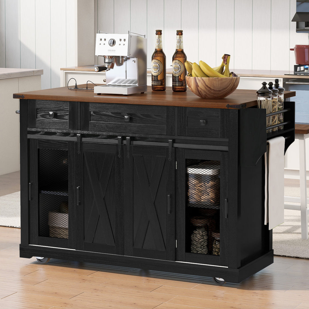 58'' Farmhouse Sliding Barn Door Rolling Black Kitchen Island Cart with Storage