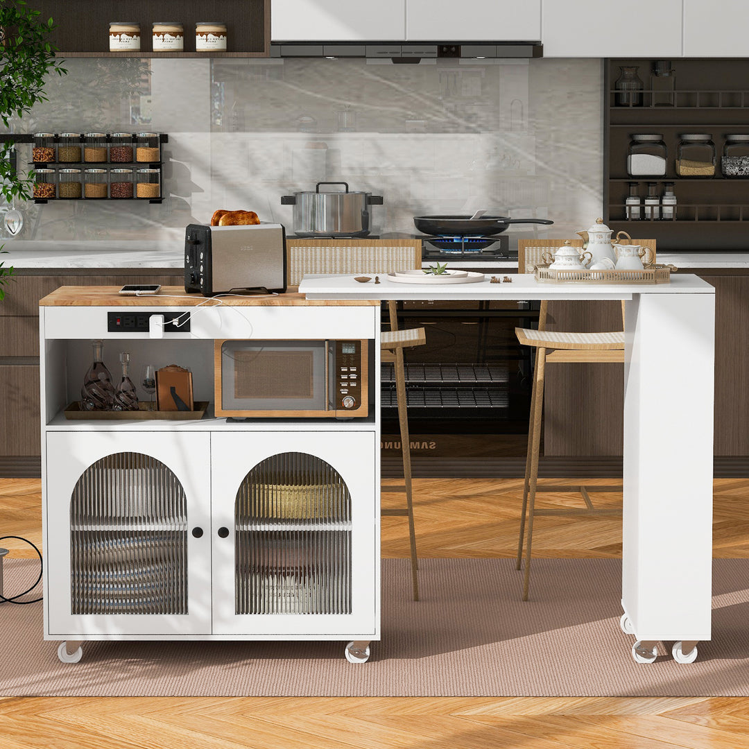 White Rolling Kitchen Island on Wheels With Extended Table LED Lights Power Outlets