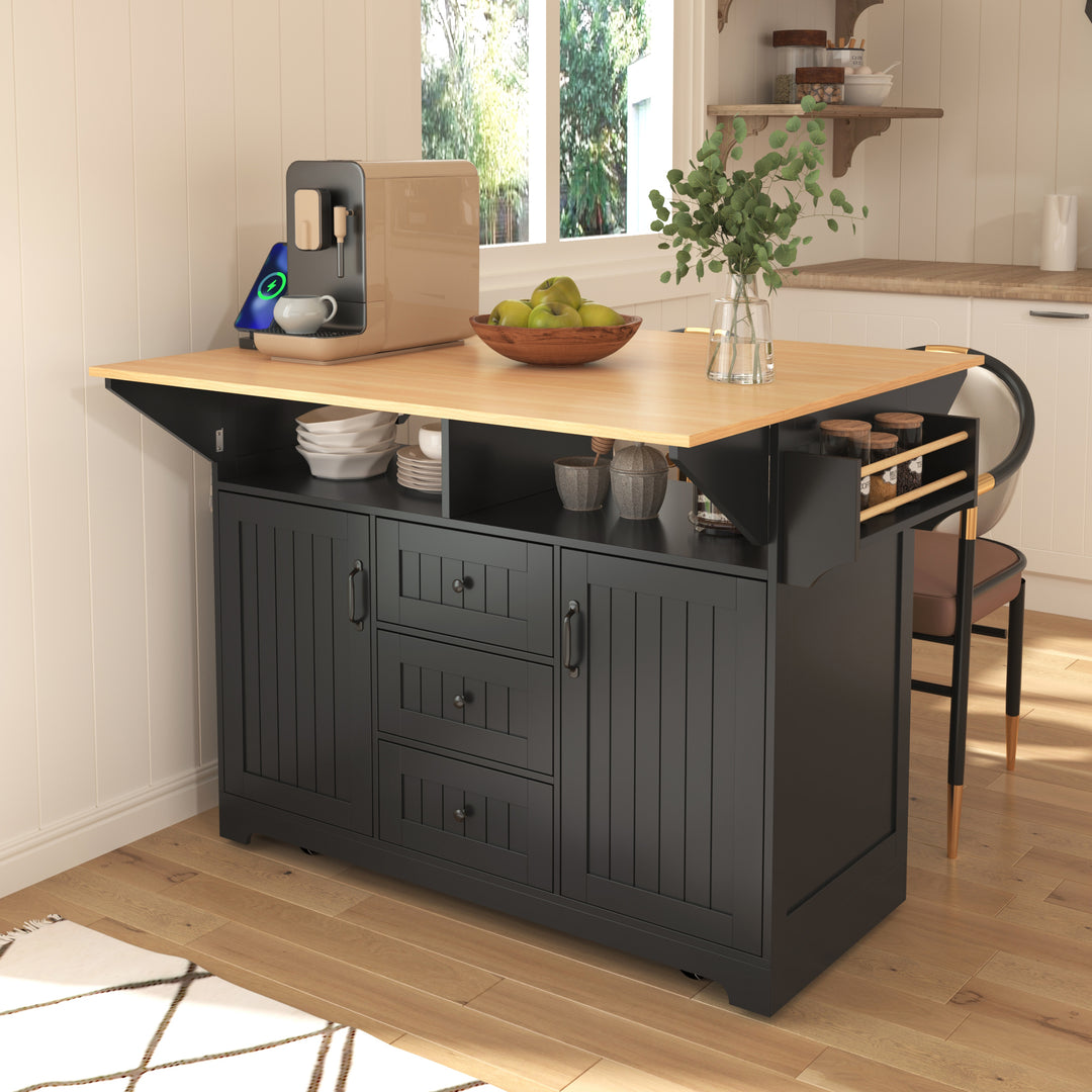 55.7'' Rolling Black Large Kitchen Island Cart on 5 Wheels with Power Outlet & 2 Drop Leaf